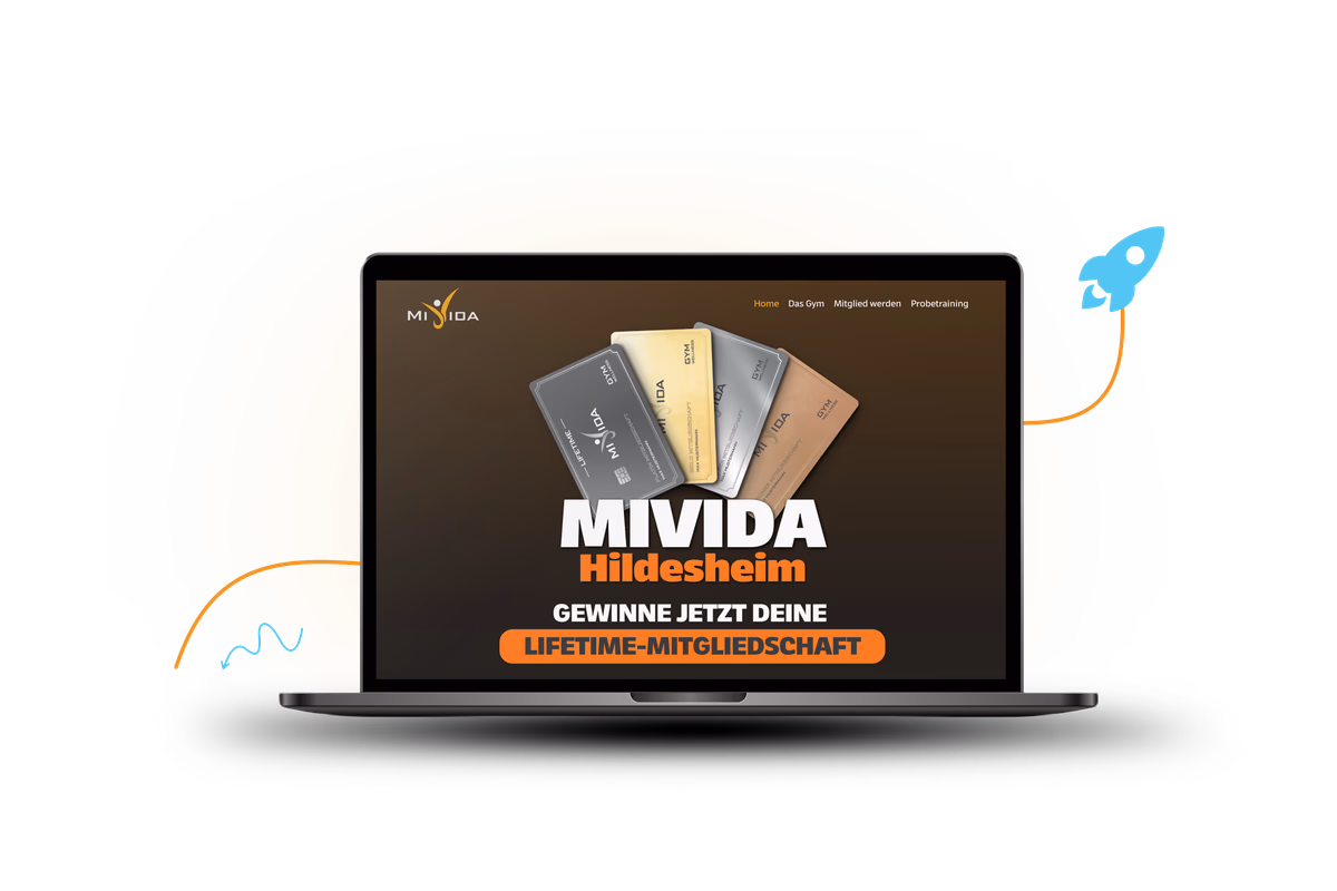 Offener Laptop mit einer offenen Website und einer Raketengrafik im Hintergrund