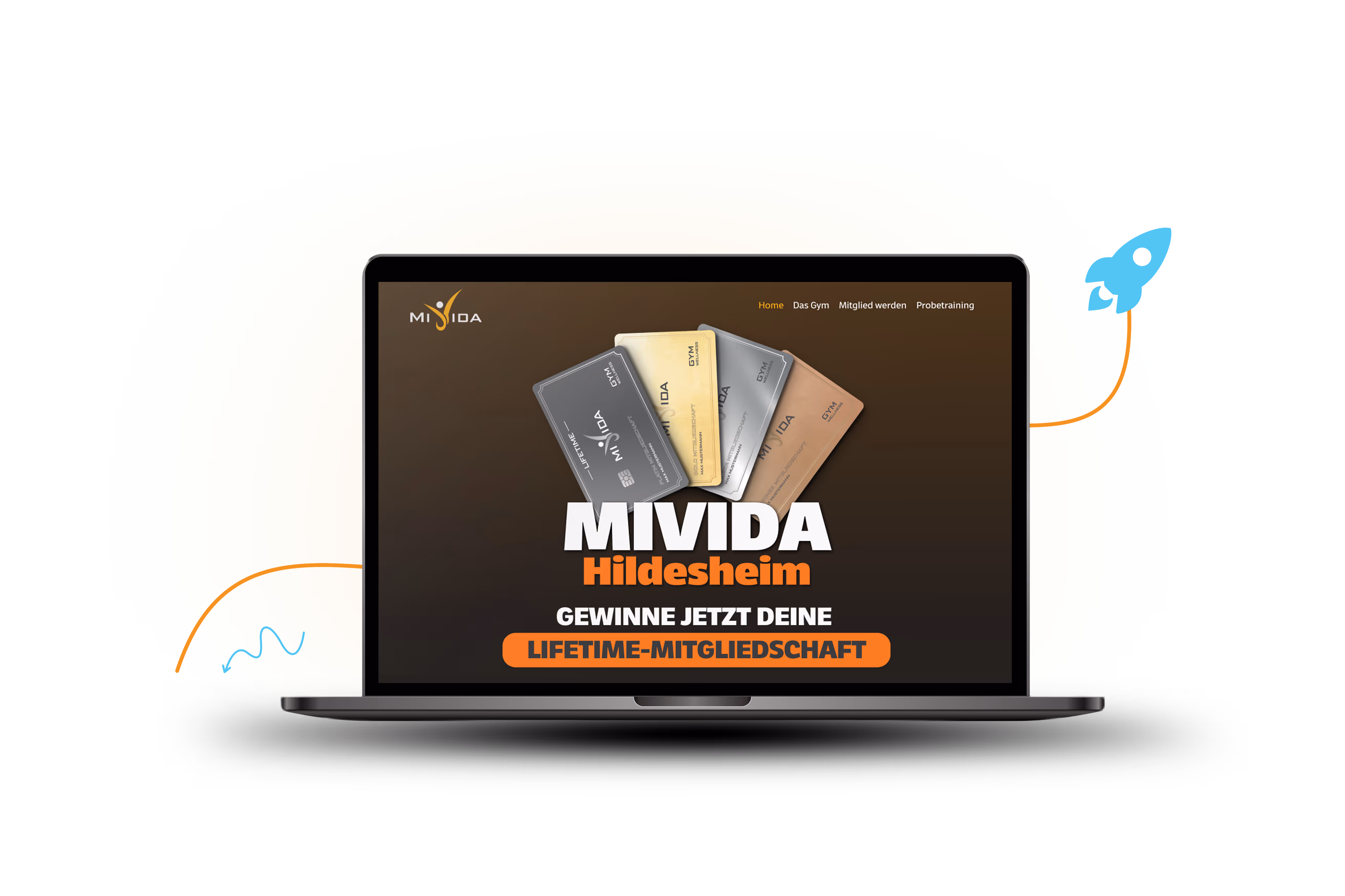 Offener Laptop mit einer offenen Website und einer Raketengrafik im Hintergrund