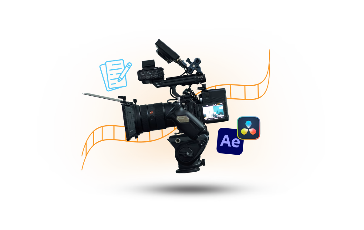 Eine schwebende Filmkamera umgeben von Videoediting Logos